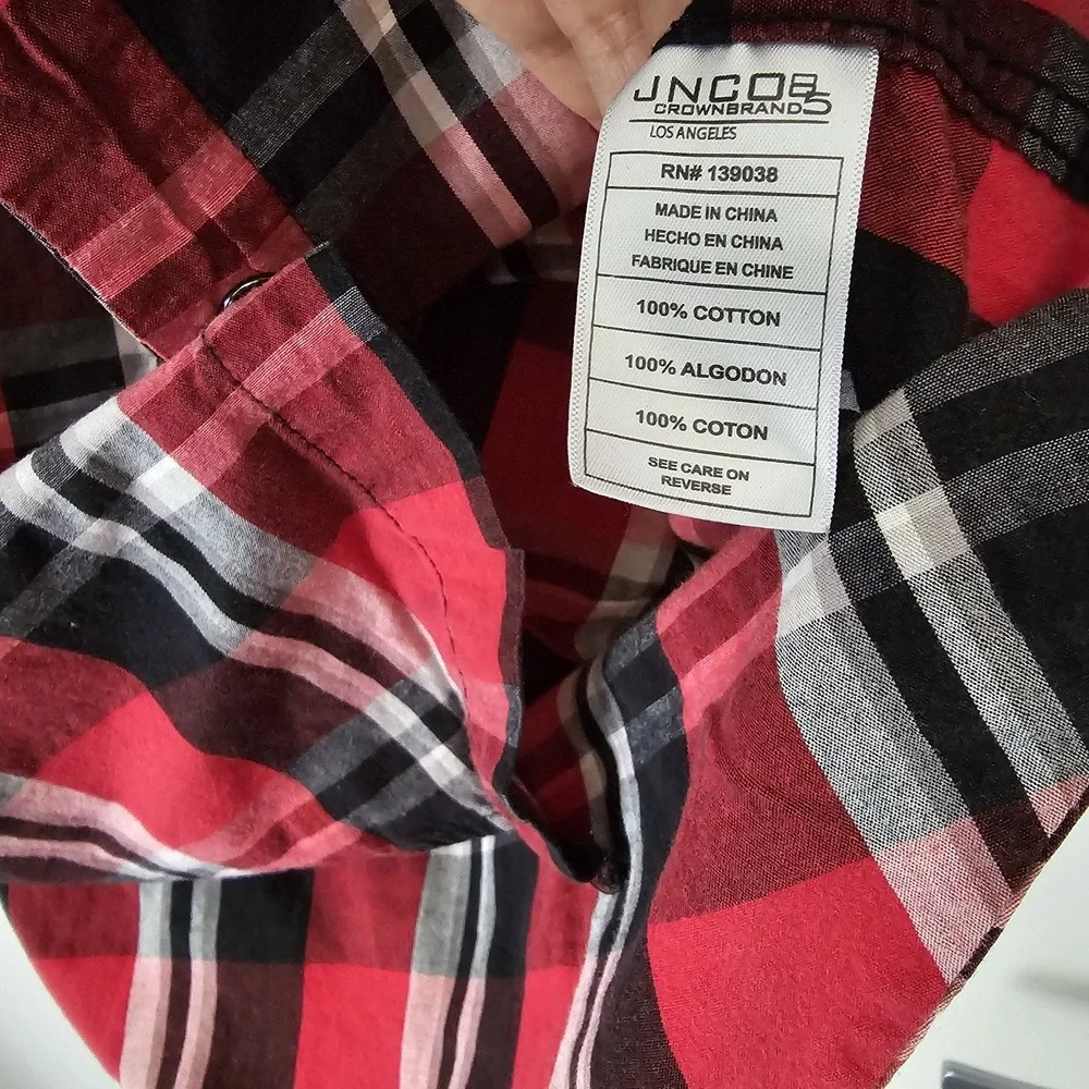 JNCO Men's Red‎ & Black Western Style Plaid Shirt Size L Short Sleeve